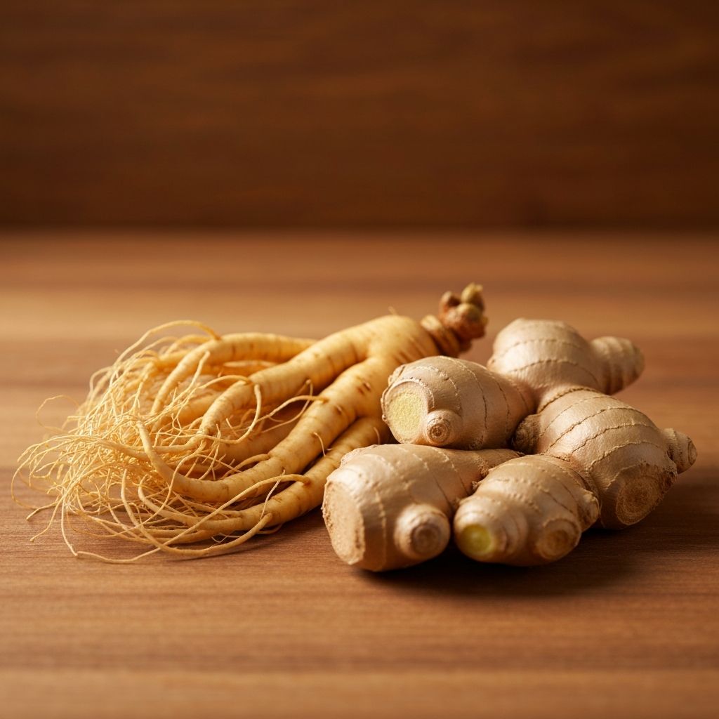 Ginseng and ginger roots on natural surface