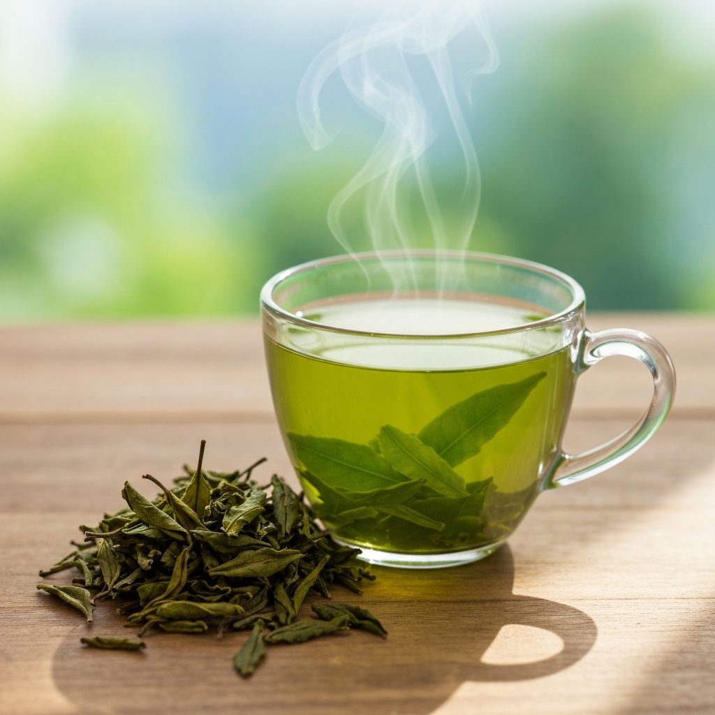 Fresh green tea leaves and brewed tea